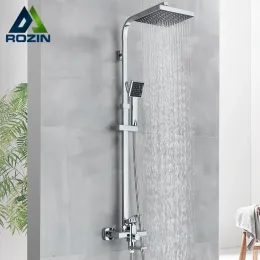 Set Rozin Chrome Shower Faucet Set Wall Mounted Bathroom Rainfall Mixer System Towel Swivel Spout Bathtub Shower Hot Cold Mixer Tap