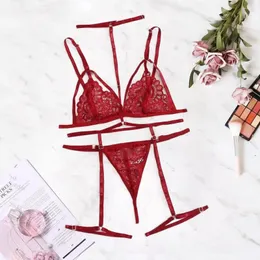 BRAS SETS BRA THONG GATTER LINGERIE 3 PIECT Outfit V-Neck Fashion Women's Set Plus Size Solid Color Hollow Out Lace Underwear Suit