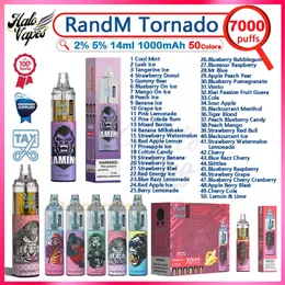 100% original Randm Tornado 7000 Puff e-cigarros e 14 ml de vagem pré-preenchida Puffs 7k caneta de vape descartável 2% 5% Nível 1000mAh Bateria recarregável 50 sabores disponíveis vapor disponíveis