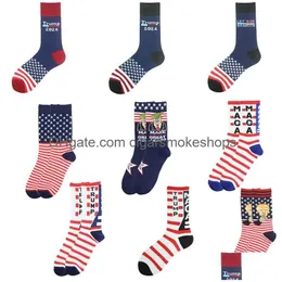 Party bevorzugt Trump 2024 Socken machen Amerika großartig, wir können Brandon Strümpfe für ADTS Frauen Männer Baumwoll Sport Drop Lieferung Home Ga Dh65a