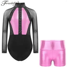 Stage Wear Teens Color Block Rhythmic Gymnastics Bodysuit Kids Girls Sheer Mesh Long Sleeve Figure Skating Leotard With Metallic Shorts