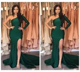 Simple Emerald Green Side Split Evening Dresses 2017 One Shoulder Long Sleeves Mermaid Stretch Satin abendkleider Prom Party Celeb8057593