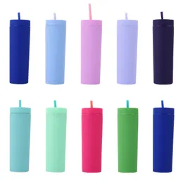 16 oz pastel mat renkli çift duvarlı yeniden kullanılabilir içme fincanı mat akrilik plastik mat barbler kapak ve pipet