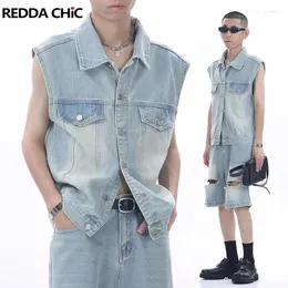 Herrspårsräder med män REDDACHIC 90-talets retro män denim kostym nödställda enkelbröst ärmlös jacka väst rippade baggy jorts shorts koreanska