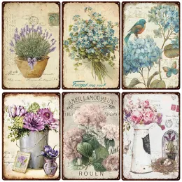 Dekorationen Blumen Metall Blechschild Retro -Teller Rose Pfingstrose Lavendel Kunst Plakette Vintage Poster Gartenzimmer Home Wanddekoration Geschenk