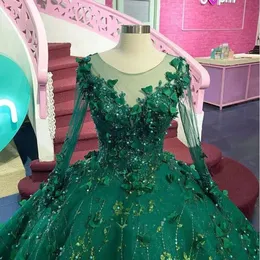 Quinceanera Applique Floral 3d Dark Green Dresses 스팽글 스팽글 구슬 긴 슬리브 진주 특종 목에 맞춤형 얇은 명주 그루터스 스위트 15 16 공주 미인 대회 볼 가운