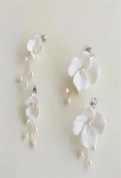 White Ceramic Flower Earrings Wedding Bridal Jewelry Set Freshwater Pearls Flowers Floral Earring Fashion Charm Dropping Long Drop4310481