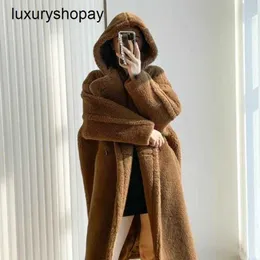 Maxmaras Teddy Bear Coat Womens Cashmere Coats 양모 Winter Maillard Camel Hooded Cotton 두꺼운 2024 느슨한 긴 스타일 Lazy Coa
