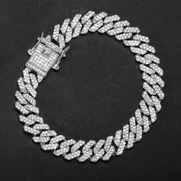 Hiphop Men Women 12mm Prong Cuban Link Chain Bracelet Bling Iced Out 2 Row Rhinestone Miami Rhombus Cupan Chain Jewelry 240429