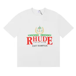 Luxury Rhuder Brand Designer T Shirts Trendy Sailing Letter Coconut Tree Pattern Short Sleeved Tshirt for Men Women High Street Half with 1:1 Logo