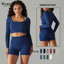 TRABALHO FEMNIMAIS VNAZVNASI 2 peças Terno sem costura para mulheres Push up Kits Kit para Fitness Sports Sports Clothes Sportswear Gym Round Y240426