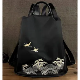 BIE Yang Original em estilo chinês Backpack bordado Bolsa feminina bordada preta versátil versátil impermeabilizado Jushidao bolsa