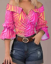 النساء القميص مثير المحملات الربيع/الصيف طباعة قبالة الكتف حزام الطية صدر الازديني بالإضافة إلى قمم الحجم