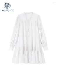 Sıradan elbiseler tiki stil basit beyaz a-line elbise mori kız v yaka peri sarma hip yüksek bel ince tek parçalı frocks japon moda