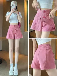 Kvinnors shorts rosa arbetskläder denim för kvinnor sommaren 2024 Dopaminflickor som bär korta höga midja A-line byxor y2k