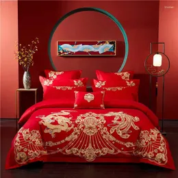 مجموعات الفراش الأحمر الزفاف الصيني مجموعة الفاخرة الذهبية فينيكس فينيكس تطريز حاف غطاء مصر القطن السرير