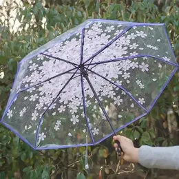 Regenschirme Klappende Regenschirm Kirschblütenregenausrüstung transparente Waldserie Blumen Niedlich klarer koreanischer frischer einfacher dreifacher Regenschirm