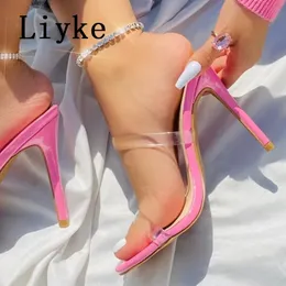 Liyke Summer Thin High Heels Sexy 115 см. Сансочные сандалии Краткие прозрачные прозрачные туфли из ПВХ.