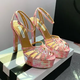 Aquazzura 검투사 플랫폼 샌들 청키 한 블록 엿봄 하이힐 발목 스트랩 스트랩 발 뒤꿈치 좁은 밴드 샌들 펌프 14cm 여성 고급 디자이너 신발과 상자