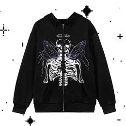 N9ZQ Erkek Hoodies Sweatshirts 2022 Gotik büyük boy hoodies iskelet baskı uzun Sles kapüşonlu sweatshirt punk hip hop zip yukarı grunge y2k nötr sokak kıyafetleri D240429