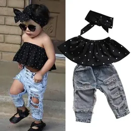 3pcs Baby Mädchen Sommerkleidung Set Dot ärmellose obere Weste Loch Jeans Hosen Bogen Stirnband Outfits Mode Casual Kids Clothing 240426