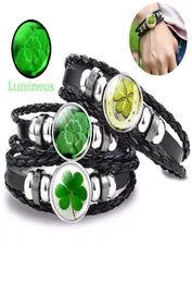 Aydınlık Shamrock Fourleaf Yonca Bileklik Cam Cabochon Deri Çok Katmanlı Örgülü Bilezikler St Patrick039s Gün Moda Jewe9247224