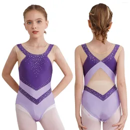 Scen Wear Rhythmic Gymnastics Leotard for Kids Girls Ballet Dance Performance Costume Sleeveless Rhinestones Sheer Mesh Patchwork Bodysuit