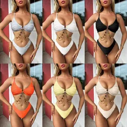 Women's Swimwear Women 2pcs Sexy Bikini Swimsuits Bathing Suits Set Summer Beach Gold Metal Chain Sling Bra Tops Thong Bottoms Brazilian