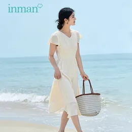 Sukienki imprezowe sukienki Inman Doman Doman 2024 Letni projekt krótkie rękawy V szyja A w kształcie w kształcie Ak w kształcie talii elegancka elegancka spódnica retro moreli