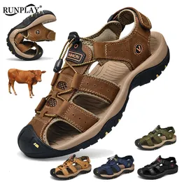 Leather Men Water Beach Sandals Summer Outdoor Casual Closed Toe Sports Sandals Non-slip Soft Hiking Wading Sneakers Size 38-48 240418