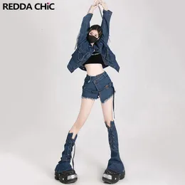 reddachicカウボーイ女性3ピースパンツセットクロップドジャケットコートベルトデニムショーツミニスカートスコートレッグウォーマーヴィンテージ服240426