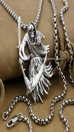 Linsion 925 Sterling Silver Barge Grim Reaper Scythe Death Mens 바이커 록 펑크 펜던트 9H012 스테인레스 스틸 목걸이 24 인치 7163107