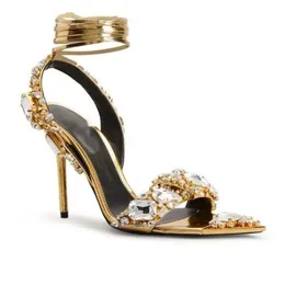 Top Tom Fords Schuhe Tom Fords Heels Metallic Crystal verschönerte Knöchel-Tie-Sandalen Heeled Stiletto Heels für Frauen Party Abend Open Toe Calf Mirror Leder 65