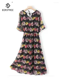 Party Dresses BirdTree Real Silk Dress Women's Bufferfly Sleeve Elegant Printed Commute A-Line 2024 Spring Summer D41687QC