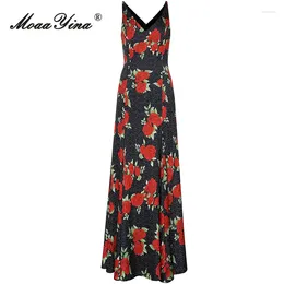 Casual Dresses Moaayina Spring Fashion Designer Vintage Floral Print Dress Women's Sexy V Neck Backless High midje Slim A-Line Sling Long