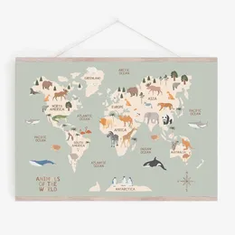 World Map Canvas Painting Pastel Animal Theme Educational Wall Art Nordic Posters and Prints Pictures for Kids Room Decoration 240426