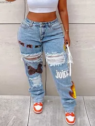 Kvinnor Pants Capris LW Plus Size High midja tryckta elastiska jeans med rak dragkedja Fly Elastic Daily Coat for Fashionable Womens Clothingl240429