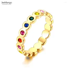 Cluster Rings JeeMango Fashion Colourful Cubic Zirconia Stainless Steel Rainbow For Women Charm Bling Luxury CZ Zircon Jewelry JR23017