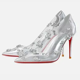 Silver High Heels Shoes For Woman Basic Pumps 2024 Fashion Transparent Rhinestone Buckle Water Drill High Heels Women Shoes Pump