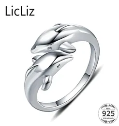 LICLIZ Real 925 Srebrne pierścienie zwierząt dla kobiet palec palców Dolphin Pierścień zwyczajny otwarte regulowane pierścienie Anilos Mujer LR0409 S5255302