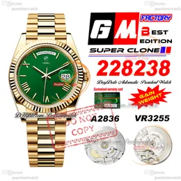 228238 DayDate A2836 VR3255 MENS AUTOMATICO GMF V3 Yellow Gold Green Romance Romano 904L Acciaio Presidente in acciaio Bracciale Super Edition Sagero Gruppo Peso PureTime F2