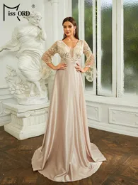 Casual Dresses Missord Apricot Satin Evening Dress Elegant 2024 Women Flare Sleeve V Neck Print Sequin Loose A-Line Party Prom Gown