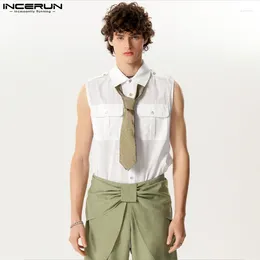 メンズカジュアルシャツのインカントップ2024アメリカンスタイルのダブルバッグデザインルーズスタイリッシュな男性のノースリーブソリッドブラウスS-5XL