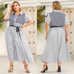 Lässige Kleider gestreiftes Farbblock Gürtelkleid Frauen Sommer Kurzarm A-Line Plus Size Office Maxi Long