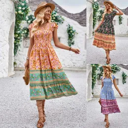 2024 Summer Nowy nadruk w dekolcie w dekolcie latające rękawy bohemijska sukienka w stylu F42951