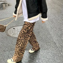 Camisolas estampas de leopardo calças wideleg women 2024 inverno primavera nova coreana liew high street Allmatch Highwaist Straightleg Troushers