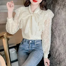 Kvinnors blusar Spring Autumn Bluusas Office Lady Vintage Lace Tops Elegant Chiffon Blue Women Slim Fit Hollow Out Casual Shirts A451