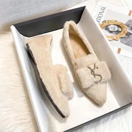 Casual Shoes Flat Women Winter Autumn Mink Fluffy Päls för kvinnors ytterdoor Bomull Varma plus storlek 41-43