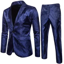 Högkvalitativa herrklassiska Jacquard Suit Set 2-stycken Blazerpants Luxury Fashion Business Slim Social Ball Tailrock Size S-3XL 240423