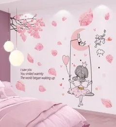 Наклейки на стены мультфильм девочка луна свинг сделай дерево листья росписи наклейки для детских комнат детская спальня кухня дома украшение 5211190